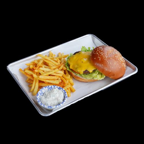 Cheeseburger with fries and dip sauce