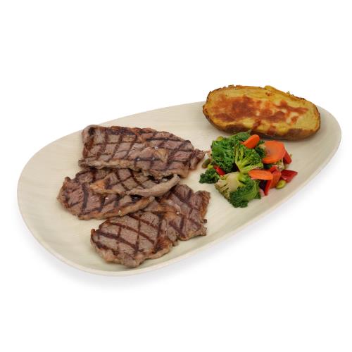 Sliced Ribeye with Spiced Baked Potatoes and Vegetables