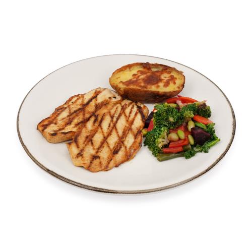 Chicken Tenderloin with Spiced Baked Potatoes and Vegetable Medley