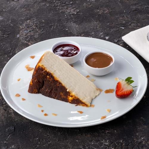 San Sebastian cheesecake with milk chocolate sauce