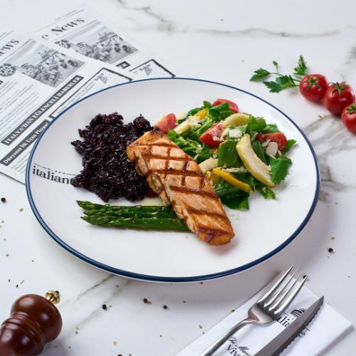 Grilled Salmon on Black Rice Risotto