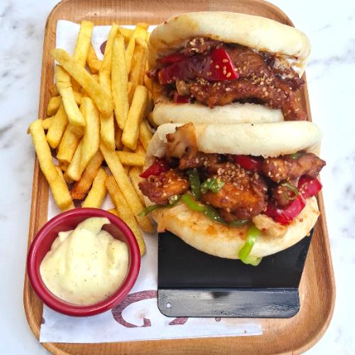Tempura Chicken Bun Sandwich with French Fries
