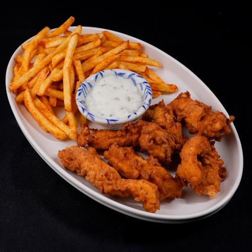 Fried Chicken Pieces with Chili Sauce and Spiced Pan-Fried Potatoes