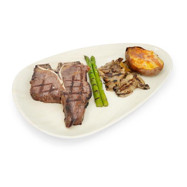 Porterhouse with Asparagus, Grilled Oyster Mushrooms, and Spiced Baked Potatoes