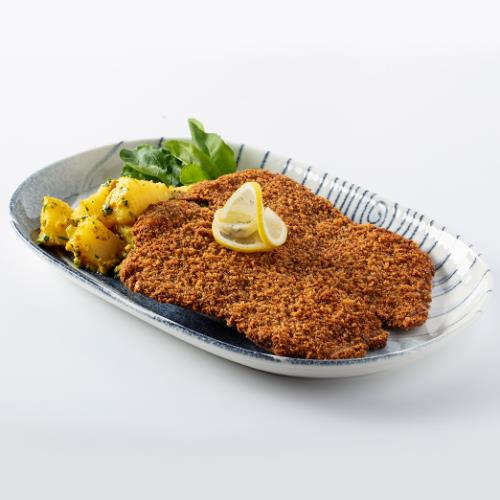 Beef Schnitzel with Arugula and Baby Potatoes in Mustard Sauce