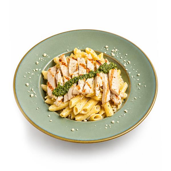 Creamy peanut penne with pesto-grilled chicken breast