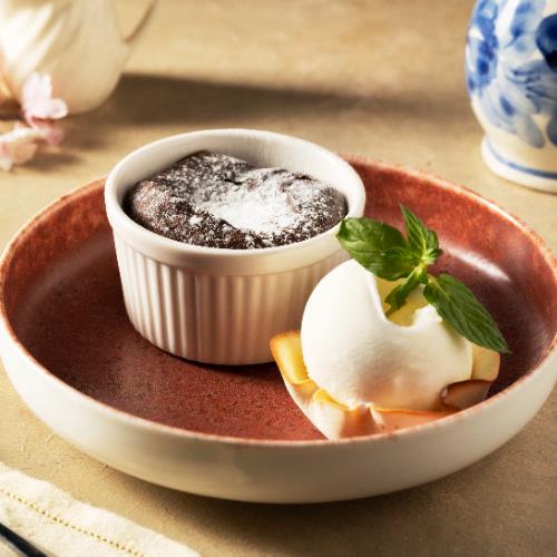 Chocolate soufflé with vanilla ice cream