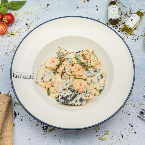 Scallop-filled ravioli with shrimp