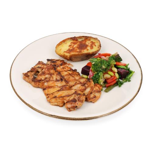 Grilled Chicken Thigh with Spiced Baked Potatoes and Vegetables
